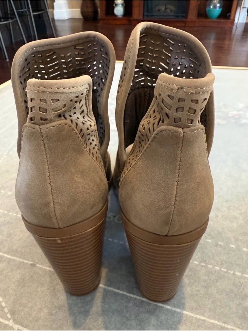 Soda Taupe Laser-Cut Peep Toe Ankle Mules - Picture 3 of 4